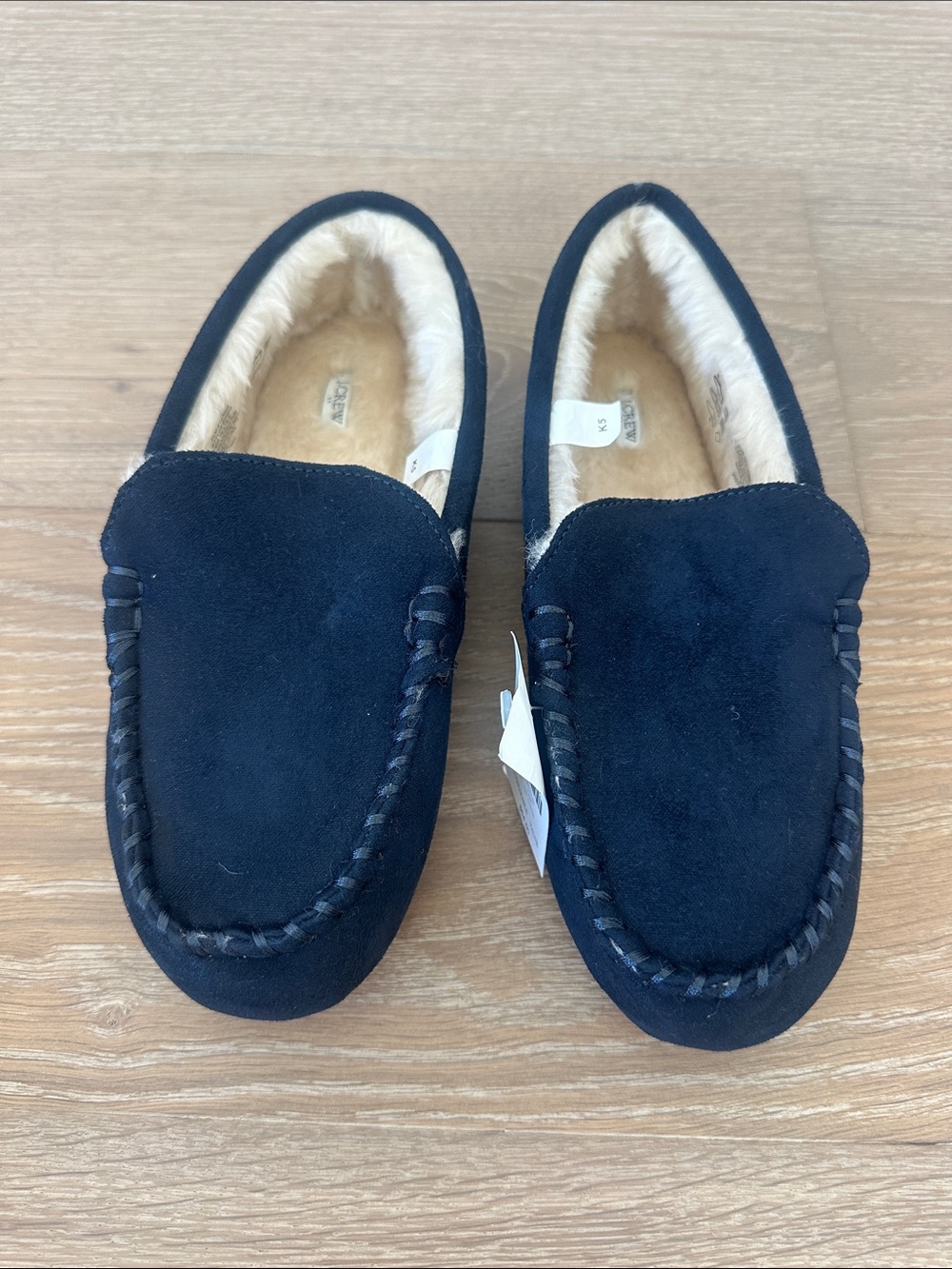 J.Crew kids Navy Suede Moccasin Slippers with Faux Fur Lining